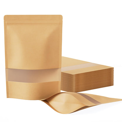 FireKylin 100 Pcs Resealable Bags, Inner Size 6.4" x 7.3" (Outer Size 7.1" x 10.2") Stand Up Paper Bags with Matte Window, Zipper Food Storage Bags for Packaging Products, Reusable, Sealable