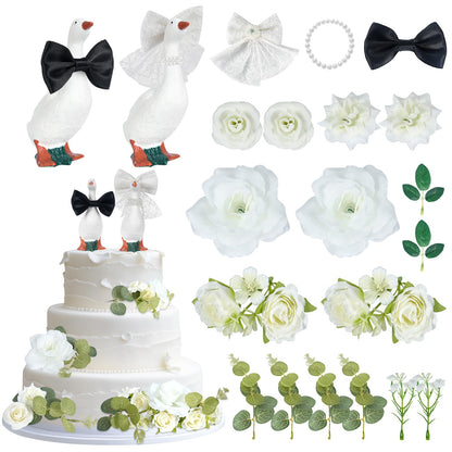 BruinBang Goose Couple Wedding Cake Topper, Handmade Resin Bride & Groom Figurines with Flower Accents for Wedding Bridal Shower Engagement Anniversary, Romantic & Funny Table Centerpiece (22 pcs)