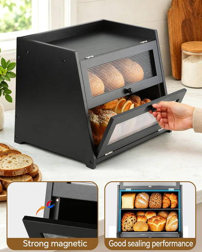 Kerisgo Bread Box for Kitchen Countertop - Double Layer Wooden Bread Storage Container for Homemade Bread,Counter Organizers and Storage for Fruits,Spices,Bread - Black