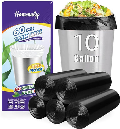 10 Gallon 60pcs Black Trash Bags Strong Black Garbage Bags, Bathroom Trash Can