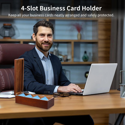DORMIYA Wooden Business Card Holder, 4-Compartment Card Storage Box, Business Card Organizer, Desktop Divided Index Card Box for Office, Home, 11.1×4.4×3"