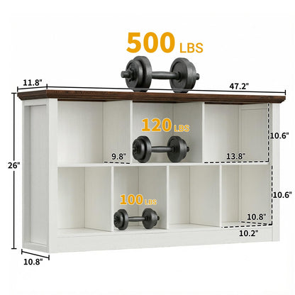 Unikito 7 Cube Storage Book Shelf - 47" Wide Wood Cube Storage Organizer, Wooden 2 Tiers Floor Standing Low Bookcase for Living Room, Bedroom, Home Office, Kids Room, Rustic White and Brown