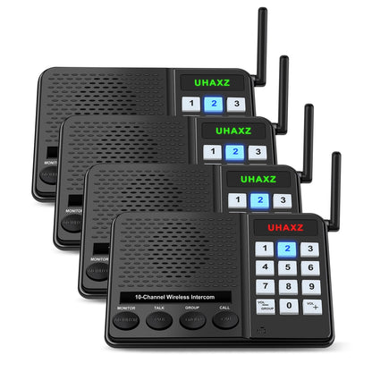 UHAXZ Intercoms Wireless for Home, Long Range Intercom 6000ft, Home Intercom System Wireless with Group Call, 10 Channel, 8 Volume Levels Intercom System for Busines Office Elderly(4 Packs)
