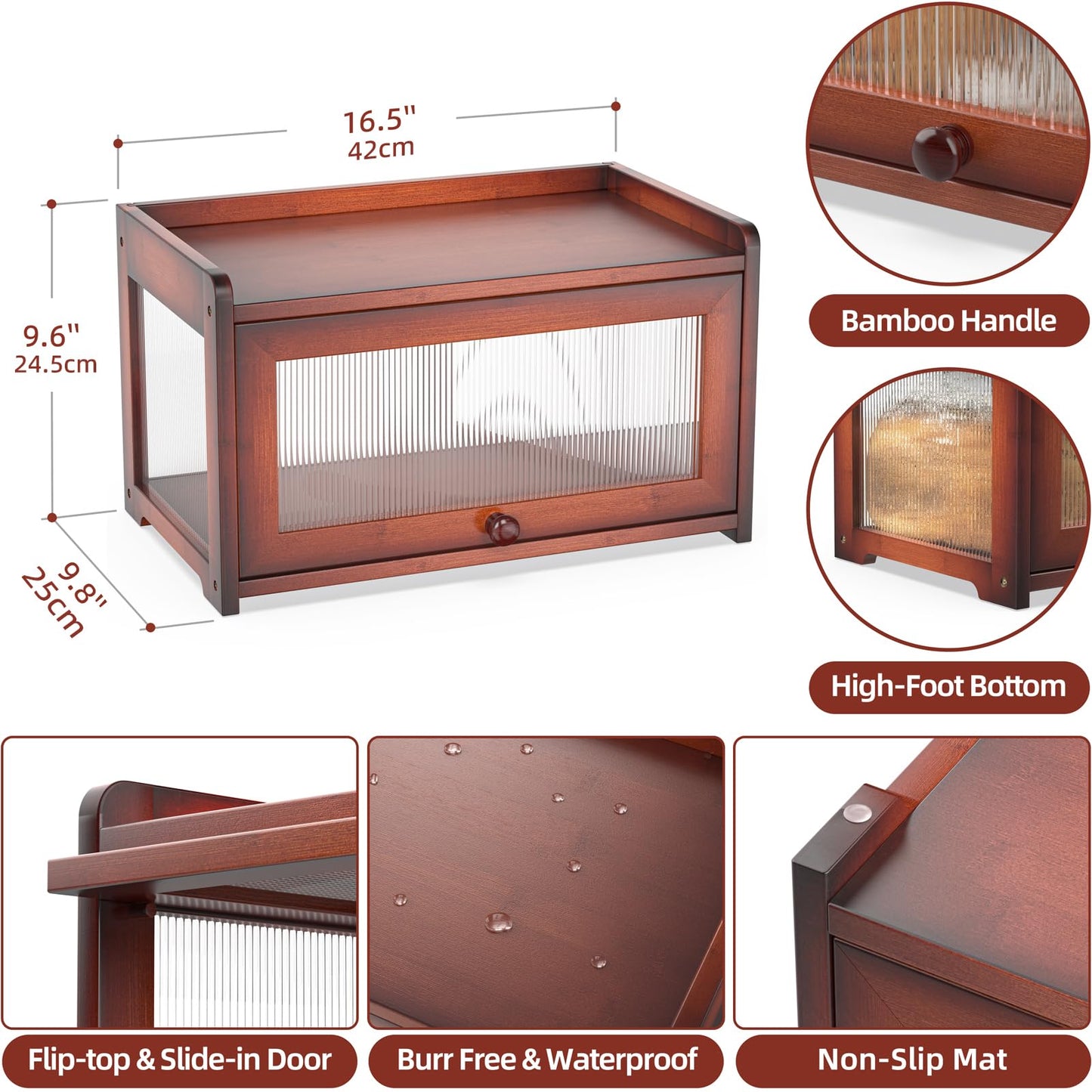 BAMBANG Bamboo Bread Box for Kitchen Countertop, Extra Large Farmhouse Bread Box with 4-Side Clear Panels, Wooden Bread Storage Container for Homemade Bread, Brown