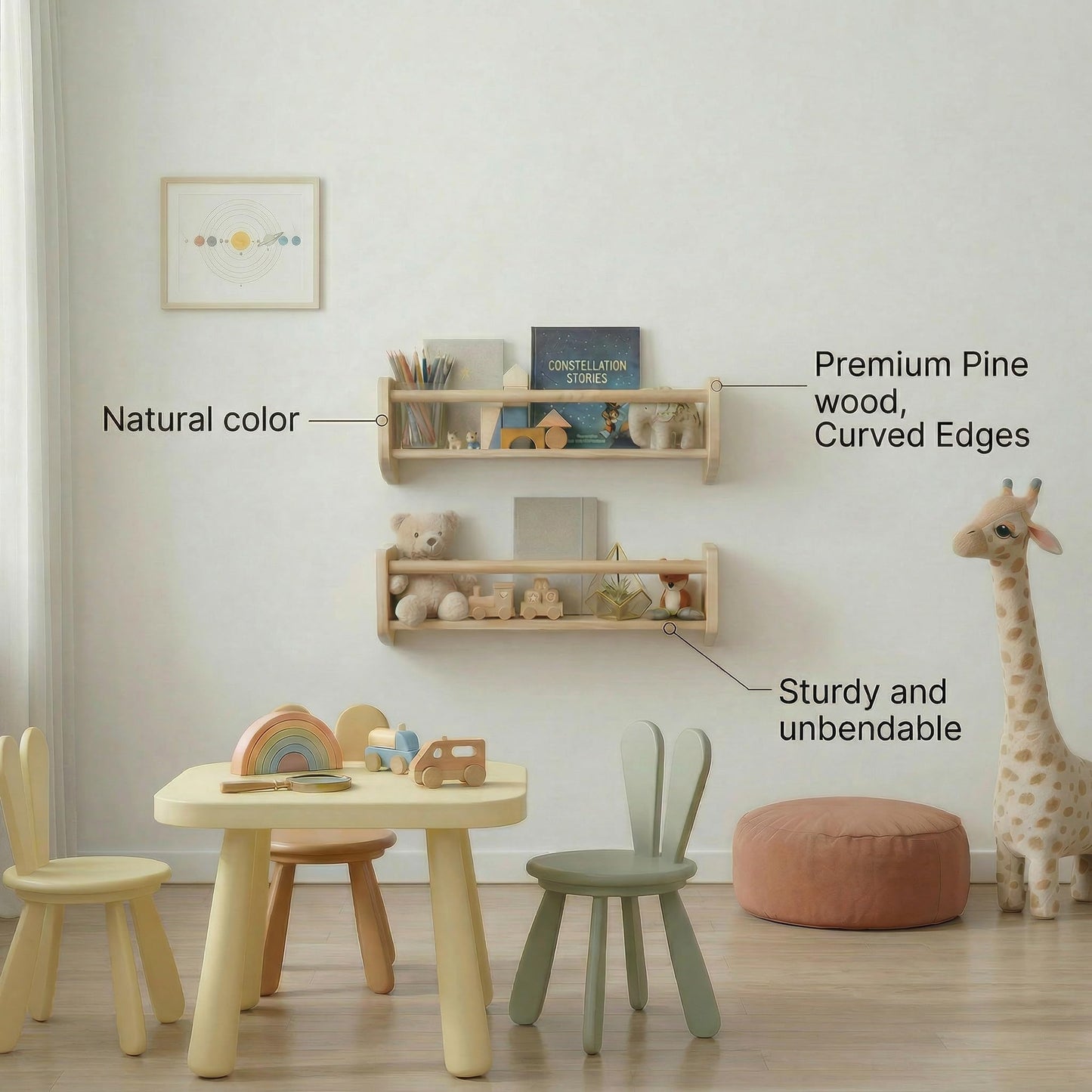 Nursery Bookshelf Set of 2, 16” Nursery Book Shelves Wall Mounted, Wooden Floating Shelves for Nursery Wall, Baby Book Shelf for Nursery, Kids Wall Bookshelf Organizer with Support Rod, Space Saving