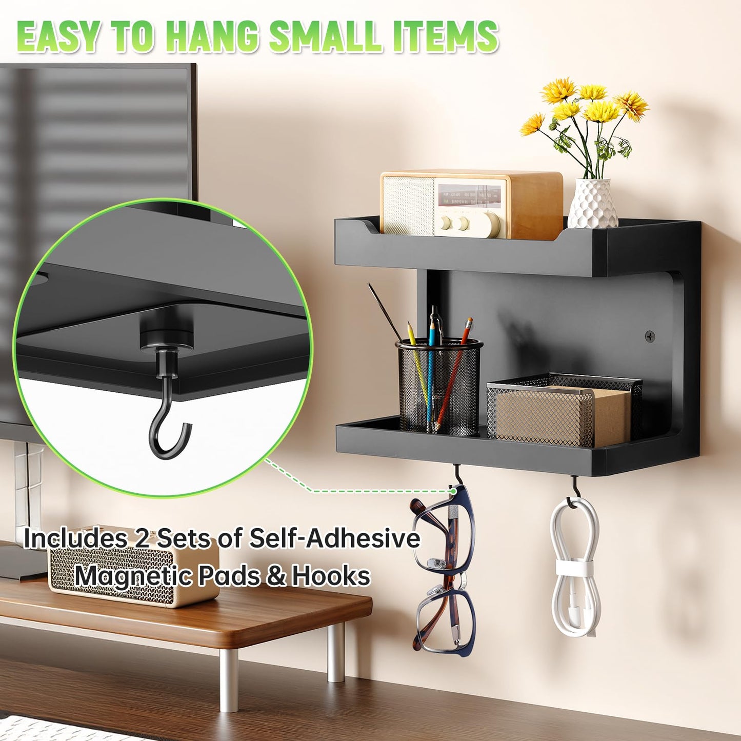 NiHome Large Wall Mounted Wooden Bedside Organizer, Double Storage Shelves & Magnetic Hooks, Solid Wood Bedside Shelf for Phone Glasses Remote Keys, Space-Saving Wall Rack for Bedroom RV Dorm (Black)