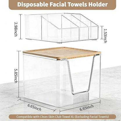 2 in 1 Disposable Facial Towel Holder and Cosmetic Organizer, Clear Storage with Bamboo Lid Compatible with Clean Skin Club Towel XL, Stackable Vanity Organizer for Bathroom Vanity Counter (2 Pack)