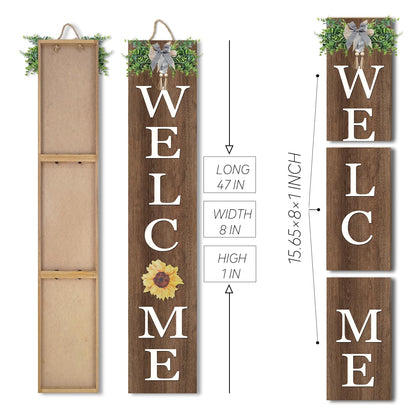 Interchangeable Welcome Sign for Front Porch Standing 47"X8" Outdoor Large Wood Frame with 12 Pcs Designed Icons Leaner Vertical Tall Outside Welcome Sign for Front Door Decor (Wood)