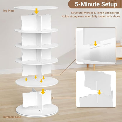 7-Tier Rotating Standing Shelf Unit with Dividers, 360° Storage Display Tower Vertical Floor Organizer, for Bedroom, Closet, Entryway & Office, Ideal for Shoes, Cosmetics & Handbags, White
