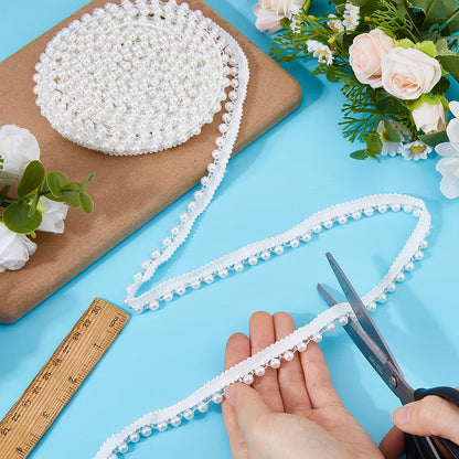 TNKBREEZE 100 Yards White Polyester Lace Trim with Attached Plastic Pearl Beads Decorative Ribbon for Adult Clothing Embellishment Dressmaking Costume Design and Special Occasion Accessories