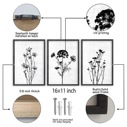 Flower Plant Wall Art Decor 16"x11" Set of 3 Black And White Botanical Painting Wood Framed For Minimalist Bedroom Office Rustic Living Room Abstract Wildflower Sign Hanging (Black)