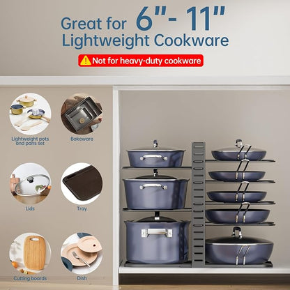 ORDORA Pots and Pans Organizer Under Cabinet 14.55" Height, Adjustable 8-Tier Pot Organizers inside Cabinet, Kitchen Organizers and Storage Fit 6-11 inch Lightweight Cookware