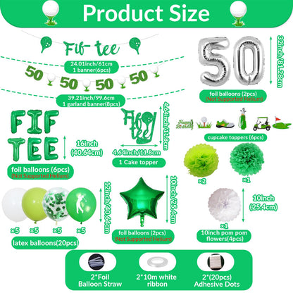 Golf 50th Birthday Party Decorations Fiftee Golf Banner Fif Tee Cake Topper Golf Theme Cupcake Toppers Garland Pom Poms for Women Men Sports 50th Birthday Party Supplies