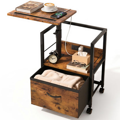 Faesun Swivel Lift Top Nightstand with Charging Station, Rolling Side Table for Recliner, Bedside Table with Wheels & a Fabric Drawer, for Small Spaces, for Bedroom, Living Room, Brown