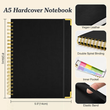 Bullet Dotted Journal Spiral Notebook, 300 Pages Leather Notebooks with Contens, 120 GSM Thick No Bleed Through Paper Journals, A5 Dot Grid Notebook for Women Men School Work Writing, 5.5" x 8", Black