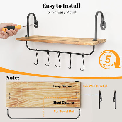 Olakee Floating Wall Shelves for Kitchen Bathroom Coffee Nook with 10 Adjustable Hooks for Coffee Mugs, Coffee Bar Organizer and Decor, Rustic Storage Shelves Set of 2