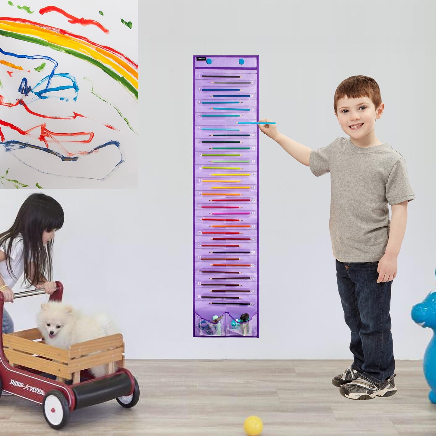 ANZORG Hanging Pencil Holder Classroom Pencil Parking Pocket Chart Numbered Pencil Dispenser Organizer as Back to School Essentials (2 Pack-Purple)