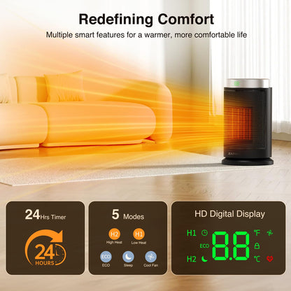 ZAFRO Space Heater, Ultra Quiet Portable Electric Heaters for Indoor Use with Thermostat, 1500W Large PTC Ceramic Fast & Wide-Angle Heat, Digital Display, 8 Safety, 5 Modes, 24H Timer for Office Home