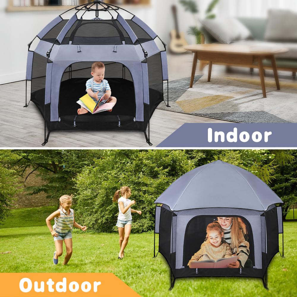 UJUJIA Baby Play Yard Outdoor Baby Playpen with Canopy Beach Tent for Kids and Toddlers Portable Lightweight Pop Up Pack and Play Playards with Travel Bag,61"*61"*49.2" Grey
