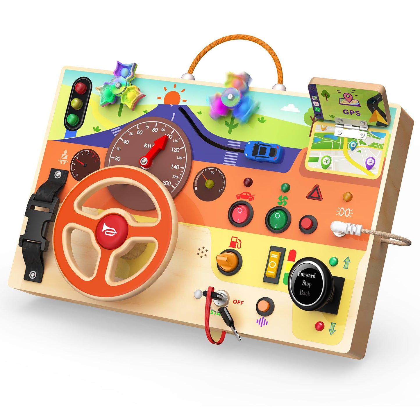 Busy Board Montessori Toys for Toddlers 1-3 with Steering Wheel, Lights & Switches, Wooden Driving Activity Board | Sensory Montessori Busy Board for 1+ Year Old, Toddler Learning & Travel Toy