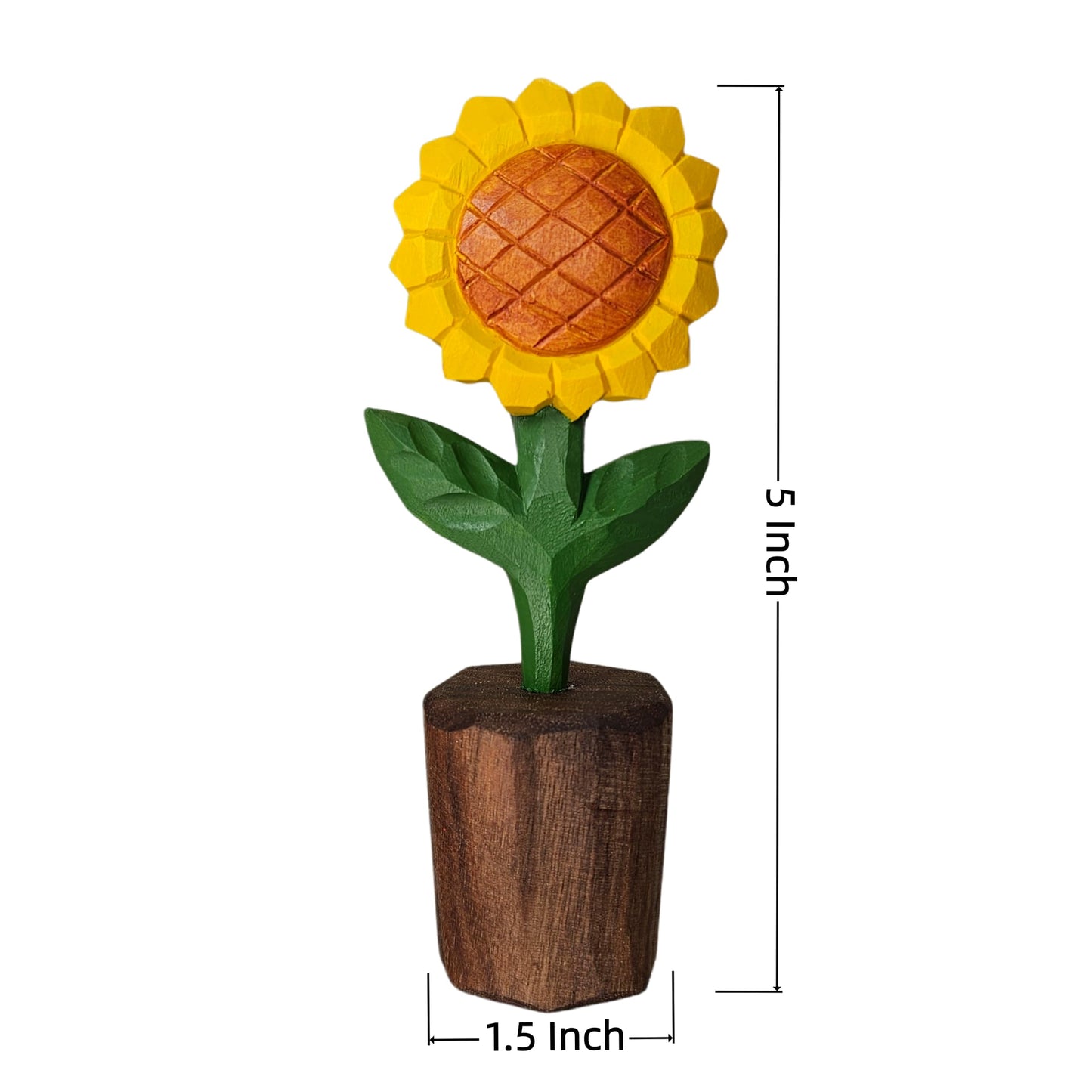 WOODEN ISLANDS Hand-Carved Wooden Sunflower Figurine, 5-Inch Solid Wood Flower Statue for Rustic Farmhouse Home Shelf Decor & Office Desk Accessories, Includes Gift Box Packaging