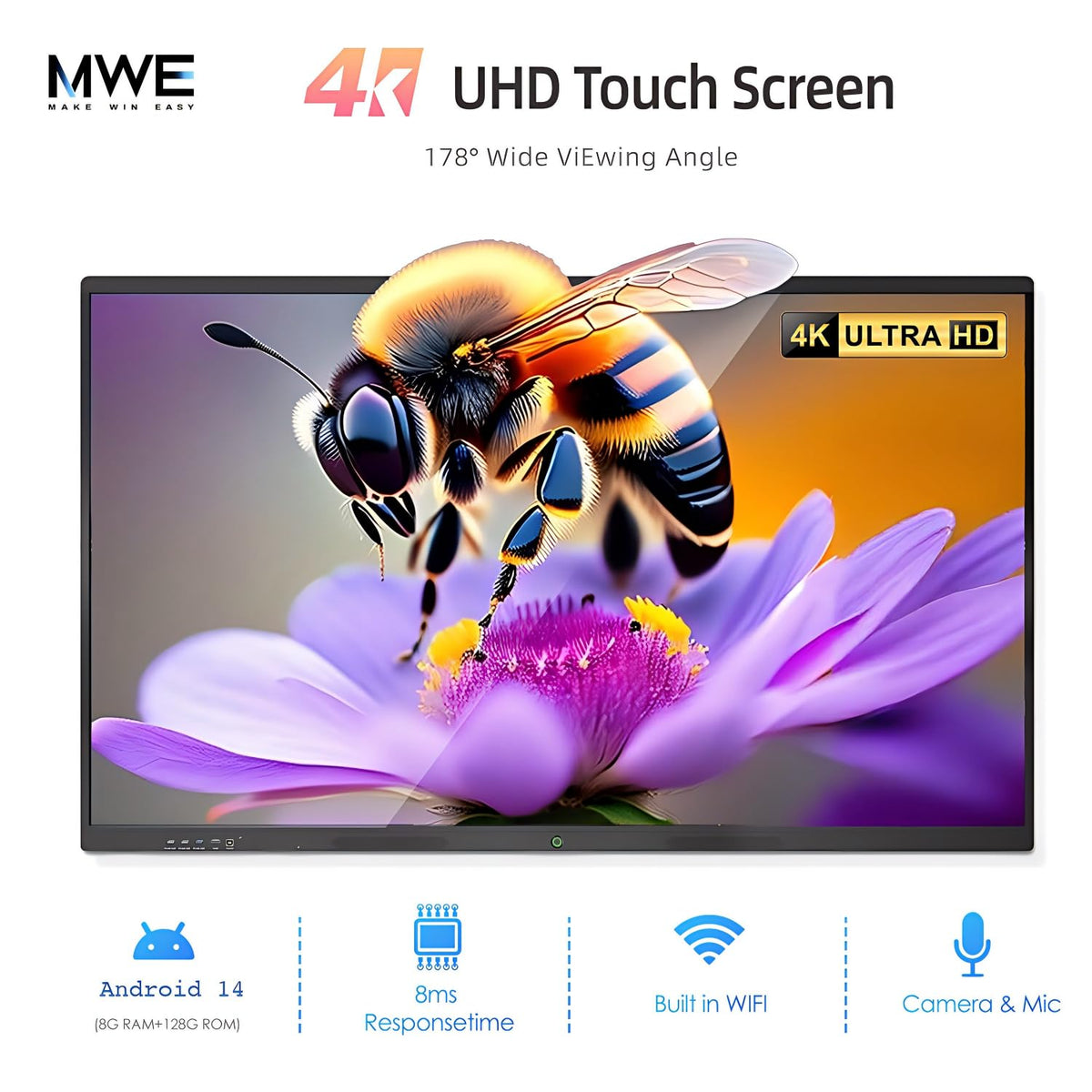 QIXZOCV 75" Smart Board for Business, Interactive Whiteboard with Multi-Touch, 4K Electronic Board with Screen Sharing, Bluetooth/WiFi/HDMI, Camera & Mic, Android 14, 8+128G (Wall Mount Included)