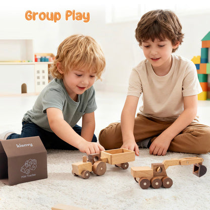 kienvy Wooden Toy Cars for 3 Year Old Boys & Girls - Construction Vehicles Set Push Toys for Toddlers, Wood Montessori Car with Rolling Wheels, Natural Wood Toys (Excavator & Tractor)