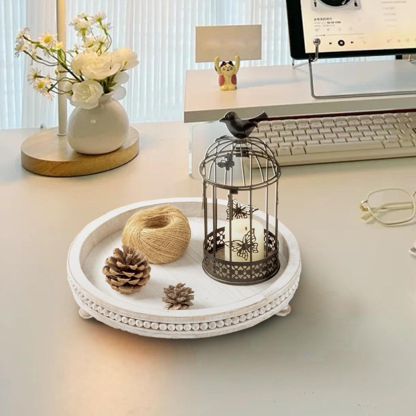 ouosawa Round Wood Tray for Home Decor, Wooden Decorative Tray for Kitchen Counter Coffee Table Centerpiece Living Dining Room Entryway, 12in Round Serving Tray for Wedding Easter Thanksgiving, White