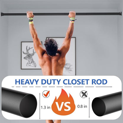 SUTINE Closet Rods for Hanging Clothes, 17 to 83 Inch Closet Rod, Heavy Duty Adjustable Clothes Hanging Bar Rod Matte Black Closet Poles for Wardrobes, Closet, Bathroom, Windows,1.3 Inch Diameter