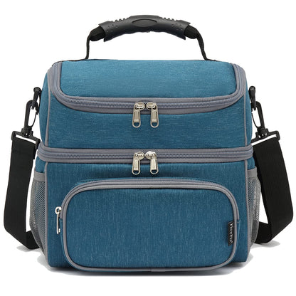 FlowFly Double Layer Cooler Insulated Lunch Bag Adult Lunch Box Large Tote Bag for Men, Women, With Adjustable Strap,Front Pocket and Dual Large Mesh Side Pockets,Lake Blue