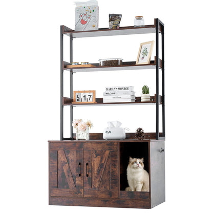 VEVOR Cat Litter Box Enclosure, Hidden Litter Box Furniture with 3 Storage Shelves, Wooden Cat Washroom Indoor, Large Cat House Cabinet Hidden Fit Most Litter Box, 33.5"L x 19.3"W x 58.7"H, Dark Brown