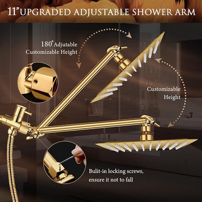 12'' Shower Head with Handheld, High Pressure Rainfall Shower Head Combo with 11'' Adjustable Extension Arm, 5 Setting Hand Held Shower Head with 60 Inch Shower Hose. Anti-Leak (Gold)