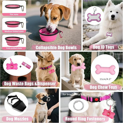 No Pull Dog Harness Adjustable Collar & Leash Set - Dog Halter Harnesses Collapsible Bowls & Poop Bag Dispenser Muzzle ID Tags Toys Fits Small Medium Large Dogs (Pink-S)