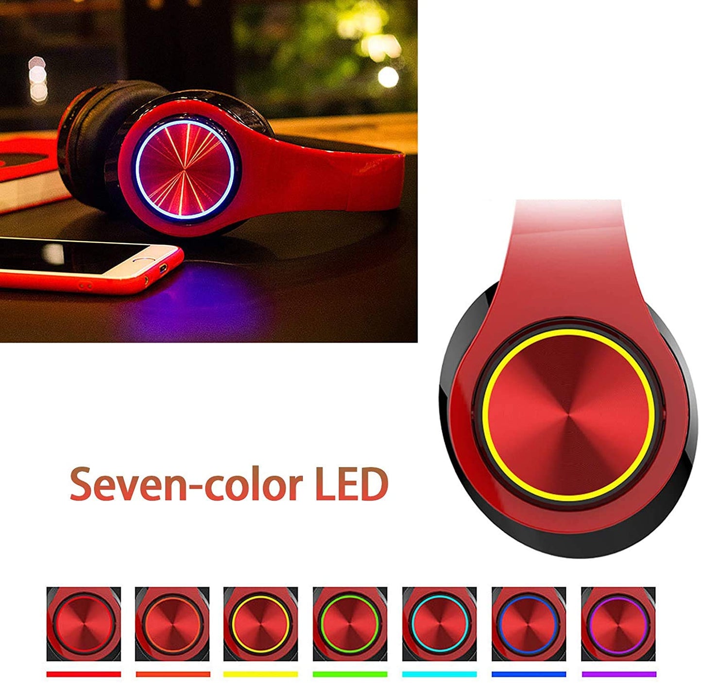 YTYC Bluetooth Headphones Over Ear Headphones with Deep Bass LED Foldable Stereo Headphones, Wired and Wireless Headset for Smart Phone/TV/PC(Red/Black)