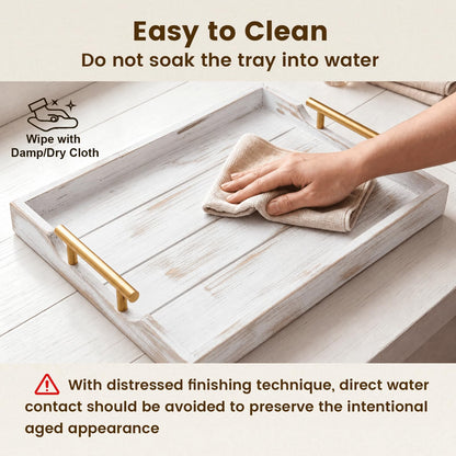 ComfyTune Wood Serving Tray with Metal Handles, 17x13in Large Wooden Tray for Ottoman, Coffee Table, Breakfast, Dinner & Bar, Decorative Tray for Living Room, Bedroom, Bathroom and Kitchen, Off-White
