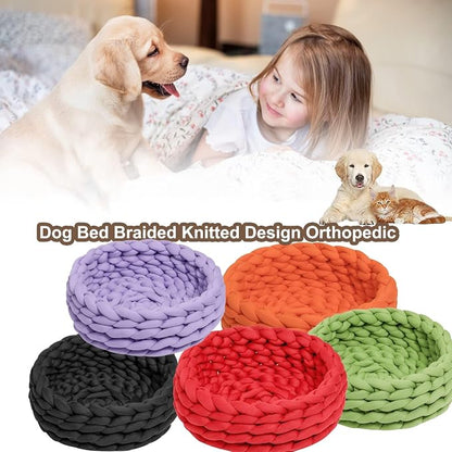 Woven Dog Bed Basket, Knitted Cotton Cat Bed Round Washable Woven Cat Pet Bed Chunky Dog Basket, Orthopedic, Chunky Knit Dog Nest,Dog Bed,Dog Cave,Dog Bedding(Green 3,17")