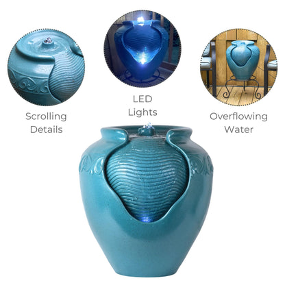 Teamson Home Floor Glazed Pot Water Fountain with Built-in LED Light and Pump for Outdoor Indoor Patio Garden Backyard Decking Home Décor, 17 inch Height, Teal