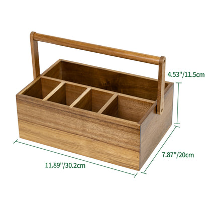 VaeFae Acacia Silverware Caddy with Handle, Wooden Utensil Holder, Mulip-pose Organizer for Kitchen, Office, Bathroom, Bedroom (Large, 5 compartments)