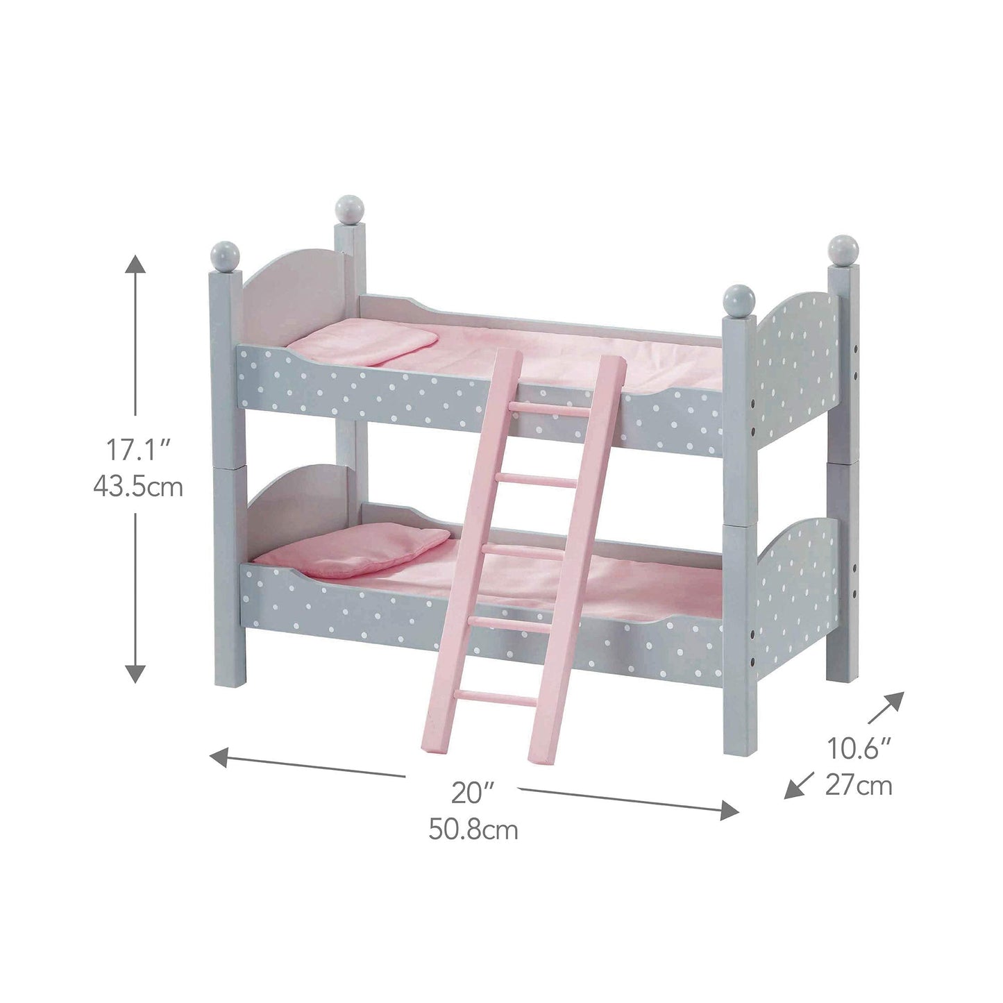 Olivia's Little World 18 in. Doll Wooden Convertible Bunk Bed Stacked on Top or Unstacked as Two Single Beds, Gray with White Polka Dots and Pink Accents