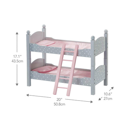 Olivia's Little World 18 in. Doll Wooden Convertible Bunk Bed Stacked on Top or Unstacked as Two Single Beds, Gray with White Polka Dots and Pink Accents