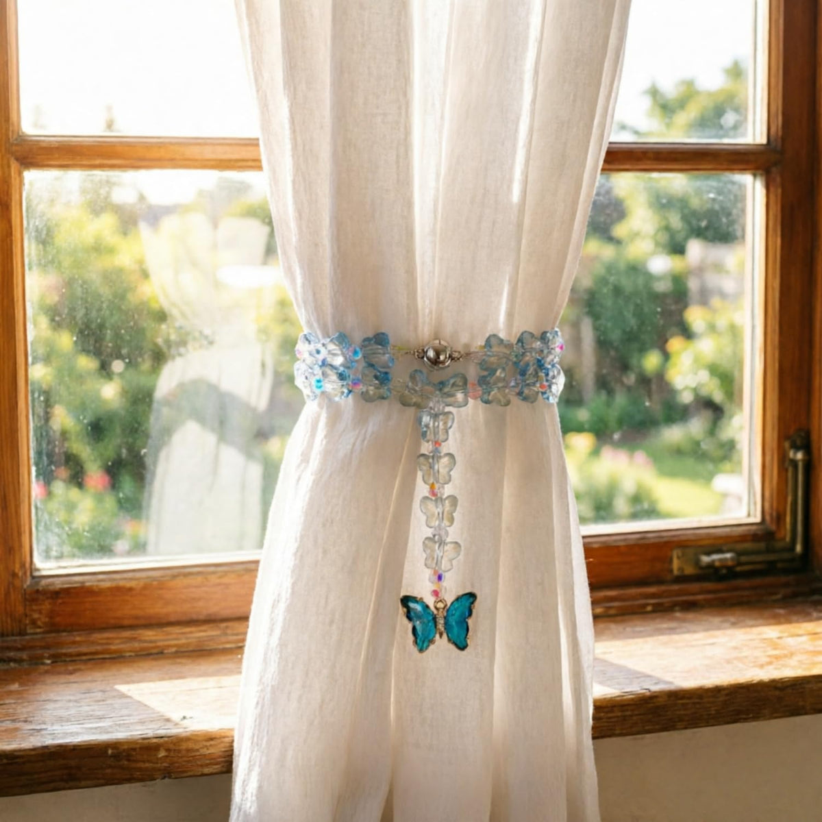 Magnetic Curtain Tiebacks, 2 Pack Crystal Butterfly Beaded Pendants Draperies Holdbacks for Window Home Office Decor (Blue)