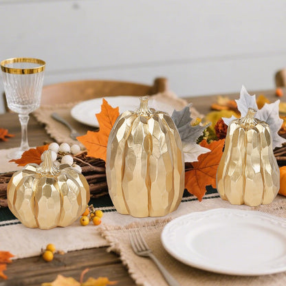 DETENE 3 Pack Thanksgiving Gold Pumpkins, Pumpkin Fall Decoration - Elegant Autumn Harvest Decor for Fall, Thanksgiving & Halloween, Perfect for Home, Table, Fireplace Mantel, Office & Kitchen