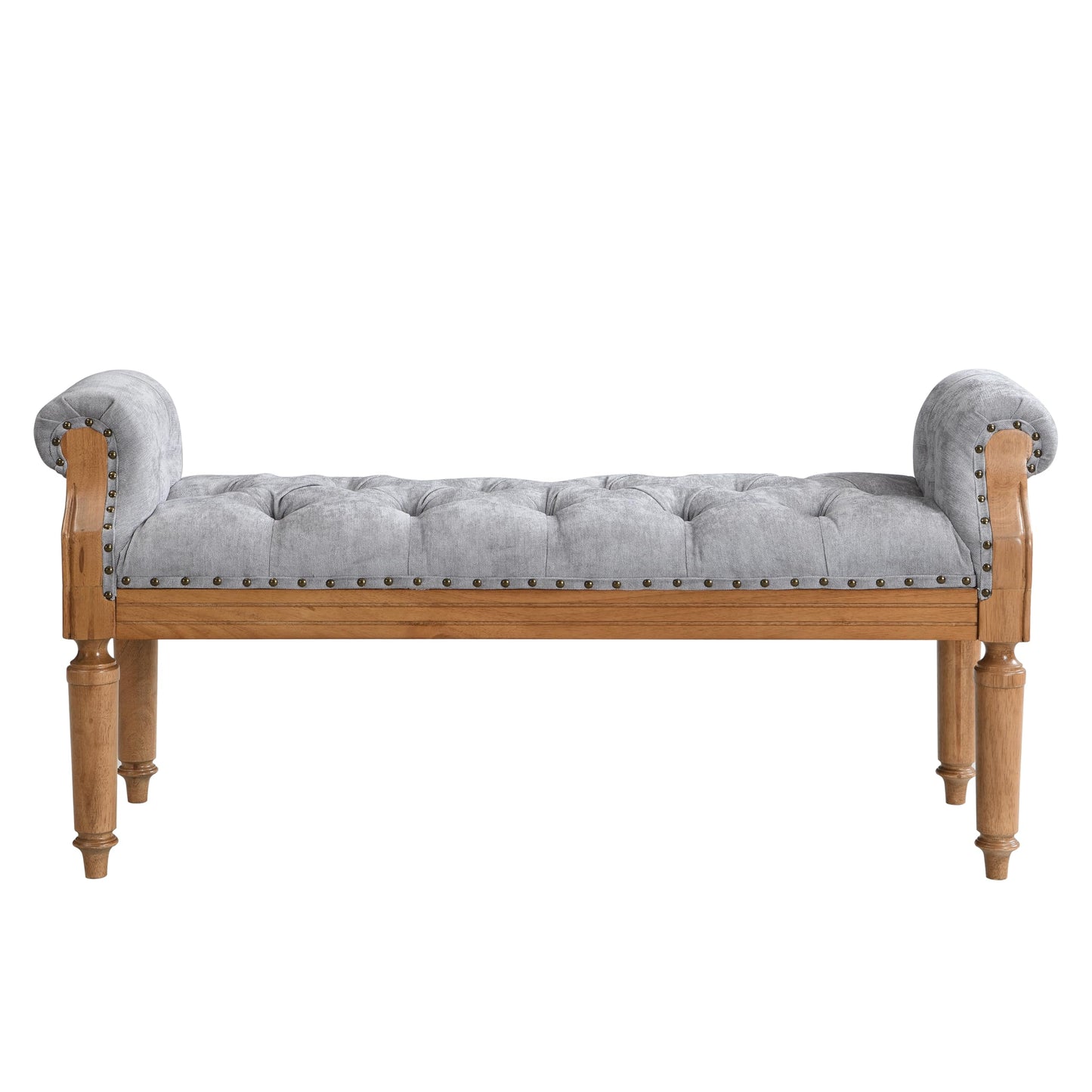 Christopher Knight Home Yordle Button-Tufted Linen Upholstered End of Bed Ottoman, Wooden Living Room Ottoman Bench with Nailhead Trim, Long Entryway Bench with Rolled Arms, Gray + Brown