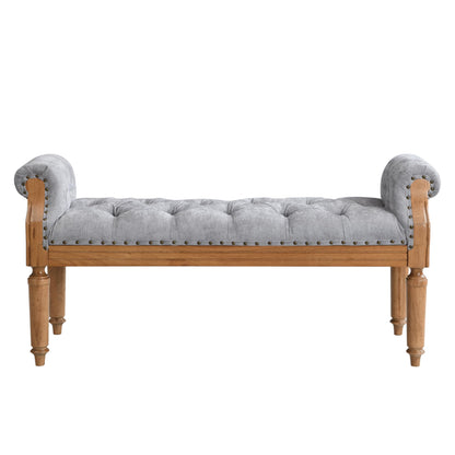 Christopher Knight Home Yordle Button-Tufted Linen Upholstered End of Bed Ottoman, Wooden Living Room Ottoman Bench with Nailhead Trim, Long Entryway Bench with Rolled Arms, Gray + Brown