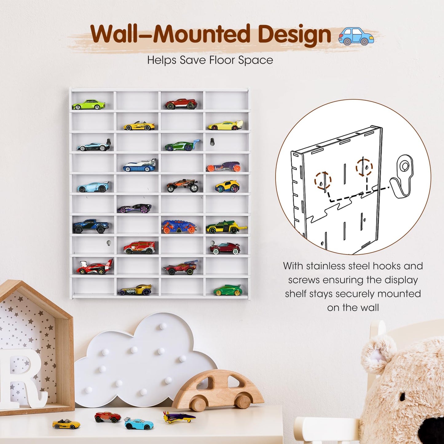 Krafetto Toy Car Display Shelf, Holds 40 Diecast 1/64 Toys Car, Wall Mount Model Cars Storage Organize Case