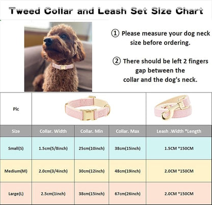 Luxury Soft Cotton Tweed Fabric Dog Collar & Leash Set with Gold Buckle – Durable Fabric, Stylish Design for Everyday Walks(Small Pink)