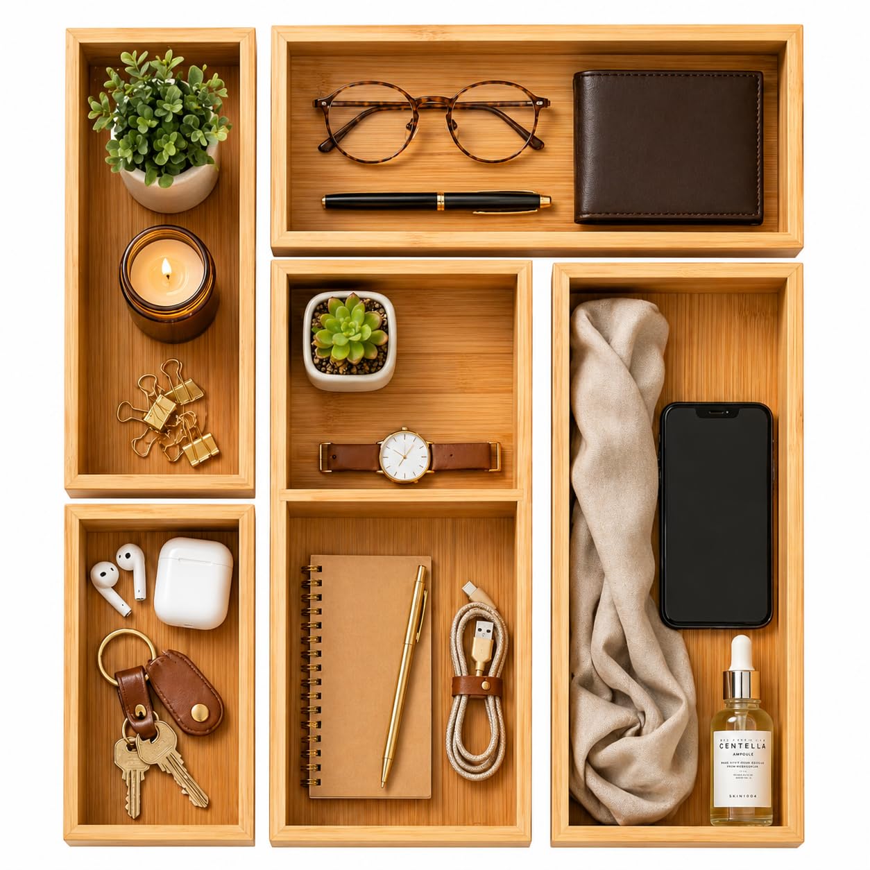 ABABIL Bamboo Drawer Organizer Set of 5, Wooden Storage Tray Inserts for Kitchen, Bathroom, Office, Makeup, Jewelry, Utensils, Desk Accessories and Vanity Drawers, Brown