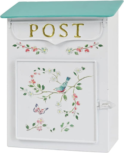 Mailbox Wall Mount Mailboxes for Outside Vintage Mail Boxes for House Outside Metal Drop Box Antique Style Nostalgic Charm Home Decorative, Flower Pattern, White