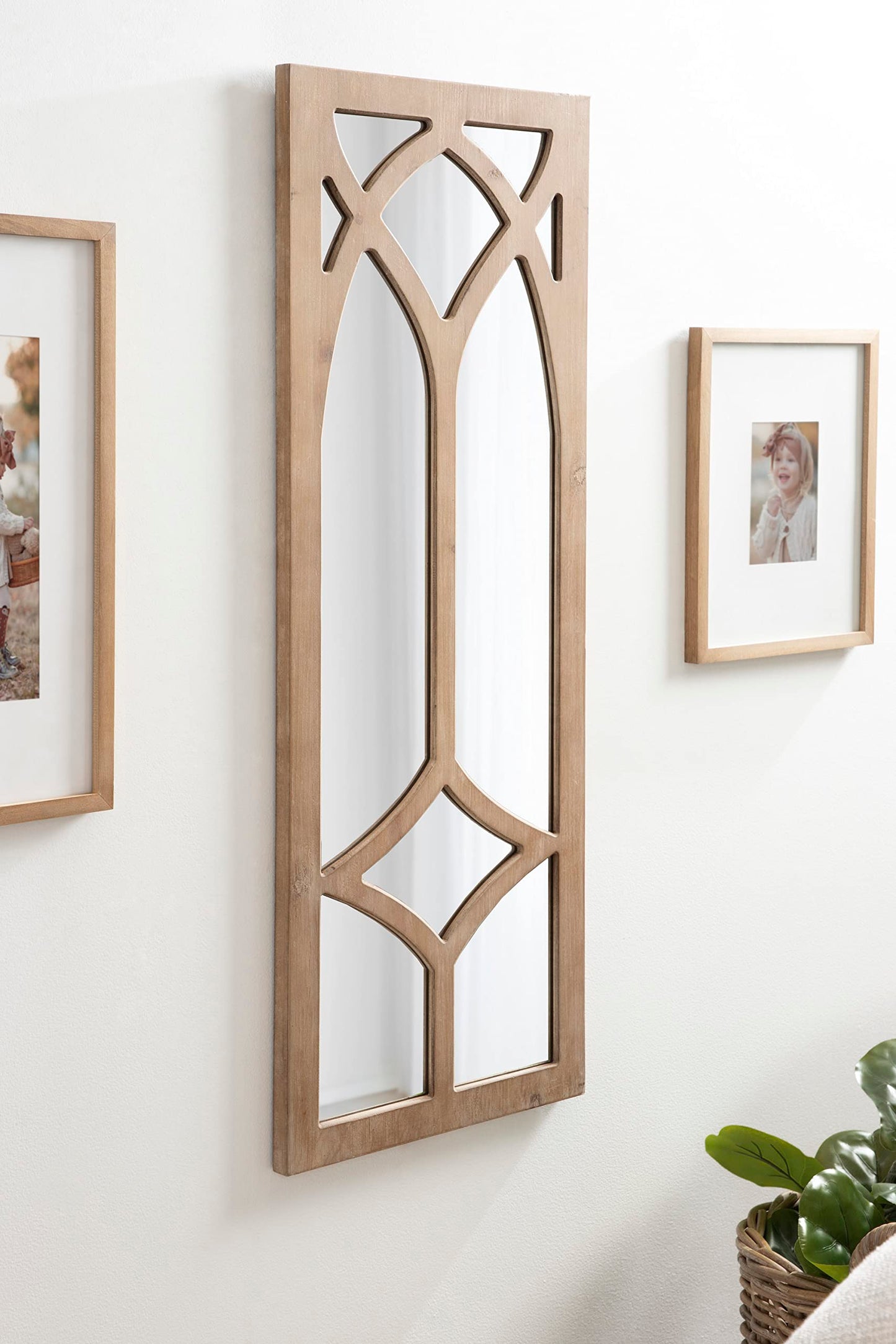 Kate and Laurel Pierette Windowpane Mirror, 16 x 42, Natural Wood, Tall Framed Cathedral Arched Wooden Overlay Mirror