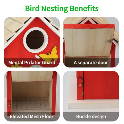 Wooden Bird Houses Bird House for Outside,Red Wood Bird House for Outdoors, Nesting Box with Sturdy Rope, Haing Bird Houses for Garden Blue Bird Hummingbird Wren Cardinal Swallow Sparrow Finch